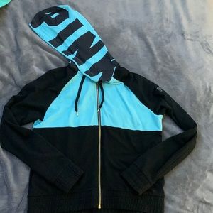 PINK zip up hoodie in cyan blue color